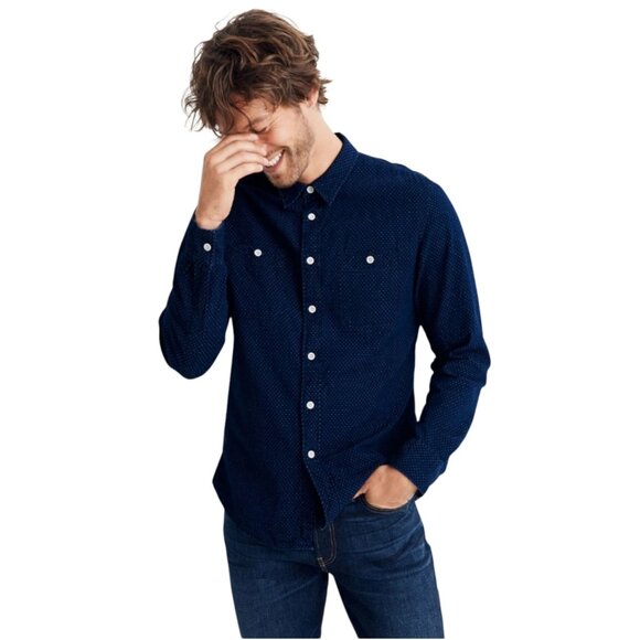 Madewell Men's Button Up Cotton Long-Sleeve Workshirt in Textured Dot Size Large - Picture 1 of 8